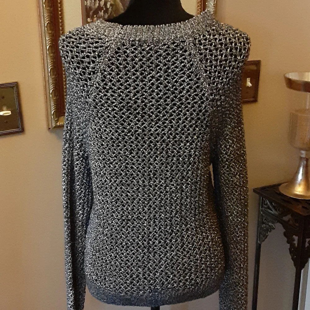 Lucky Brand black white & metallic silver open weave pullover sweater XL…EUC